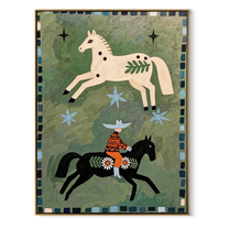 Two Horses Share Stars – Spotted Horses and Folk Rider painting by Isabelle Laurent, modern Western vertical wall art – wood frame on white background