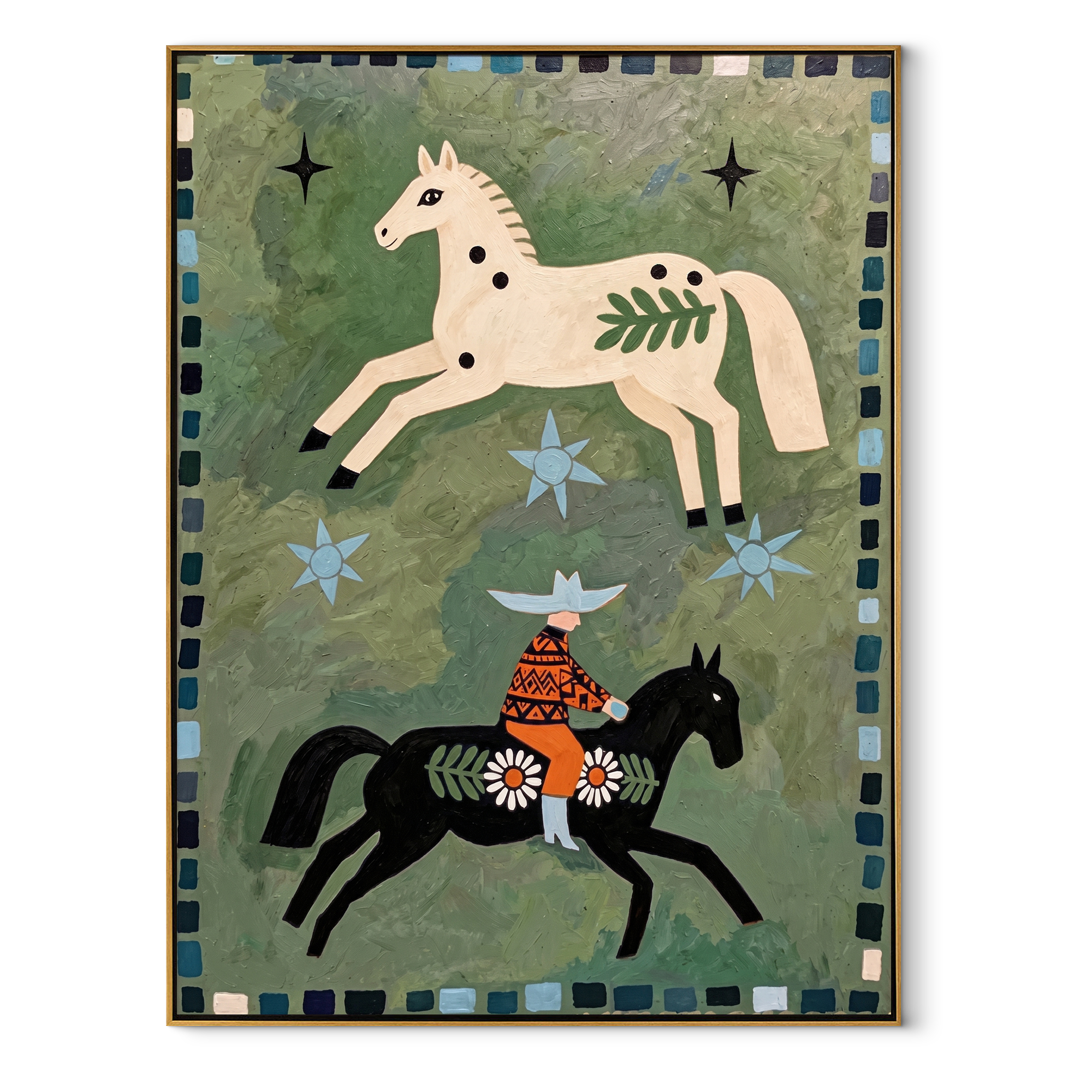 Two Horses Share Stars – Spotted Horses and Folk Rider painting by Isabelle Laurent, modern Western vertical wall art – wood frame on white background
