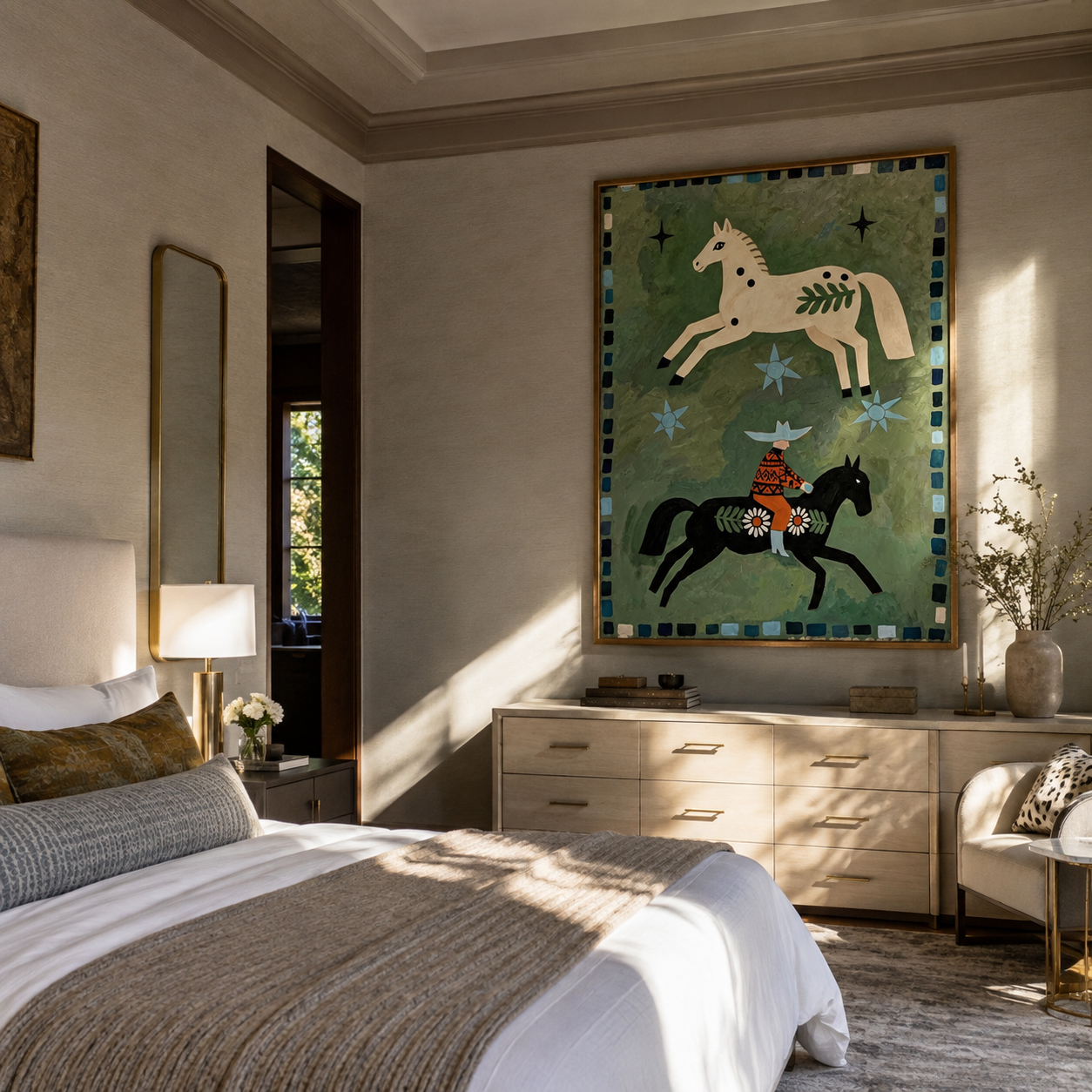 Two Horses Share Stars – Spotted Horses and Folk Rider painting by Isabelle Laurent, modern Western vertical wall art – styled room scene view 2
