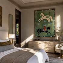 Two Horses Share Stars – Spotted Horses and Folk Rider painting by Isabelle Laurent, modern Western vertical wall art – styled room scene view 2