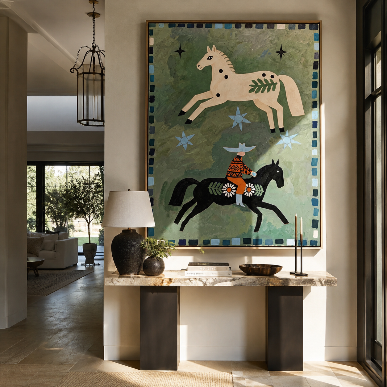 Two Horses Share Stars – Spotted Horses and Folk Rider painting by Isabelle Laurent, modern Western vertical wall art – styled room scene view 3