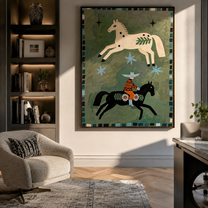 Two Horses Share Stars – Spotted Horses and Folk Rider painting by Isabelle Laurent, modern Western vertical wall art – styled room scene view 4