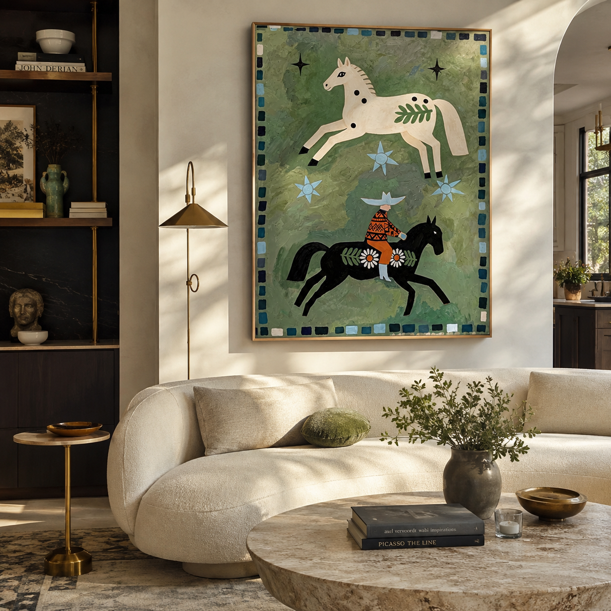 Two Horses Share Stars – Spotted Horses and Folk Rider painting by Isabelle Laurent, modern Western vertical wall art – styled room scene view 5