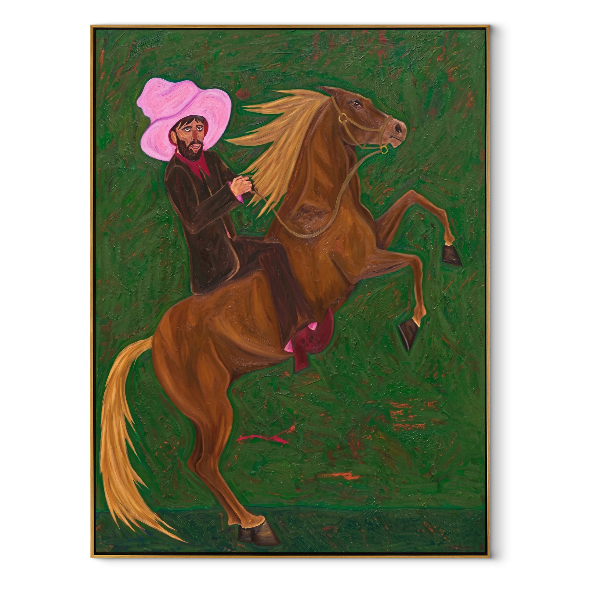 Pink Brim Raises Thunder – Pink Hat Rider and Rearing Horse painting by Isabelle Laurent, modern Western vertical wall art – wood frame on white background