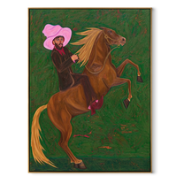Pink Brim Raises Thunder – Pink Hat Rider and Rearing Horse painting by Isabelle Laurent, modern Western vertical wall art – wood frame on white background