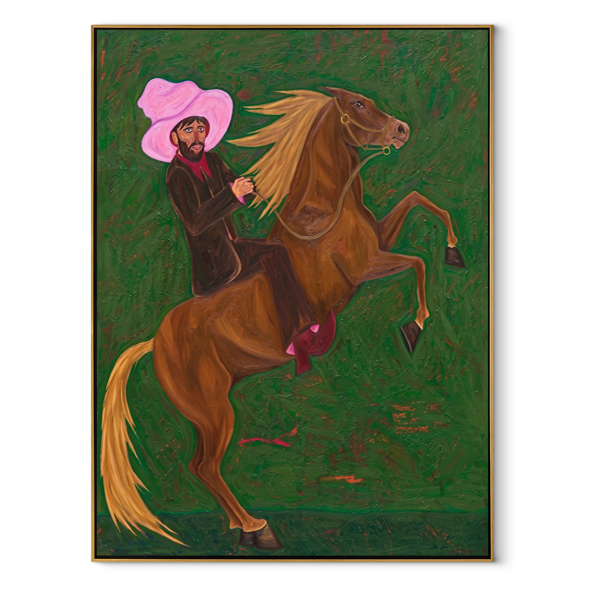 Pink Brim Raises Thunder – Pink Hat Rider and Rearing Horse painting by Isabelle Laurent, modern Western vertical wall art – wood frame on white background