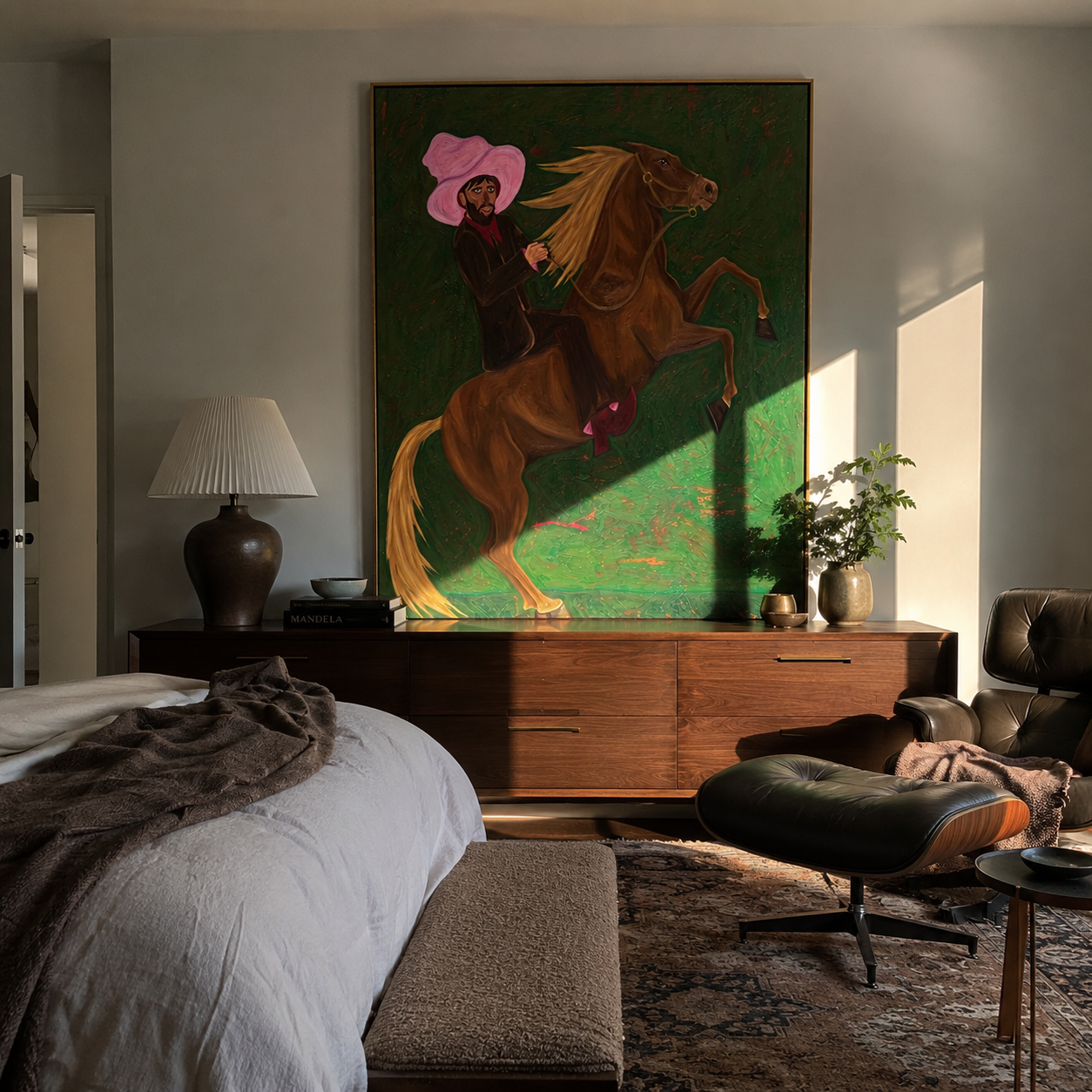Pink Brim Raises Thunder – Pink Hat Rider and Rearing Horse painting by Isabelle Laurent, modern Western vertical wall art – styled room scene view 2