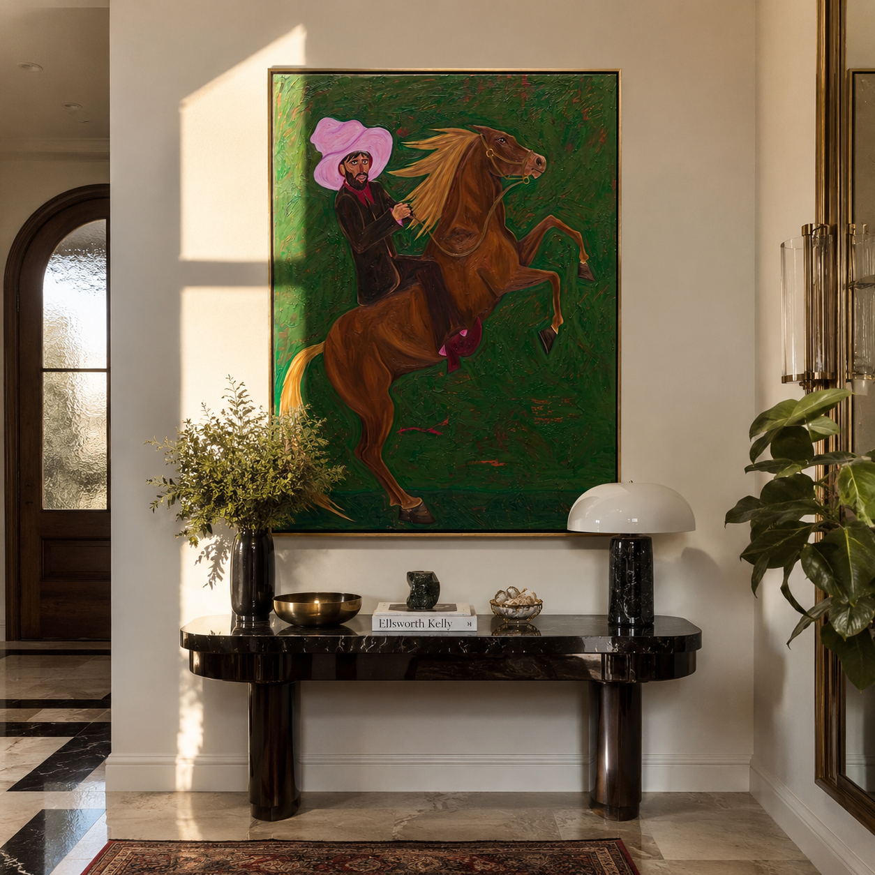 Pink Brim Raises Thunder – Pink Hat Rider and Rearing Horse painting by Isabelle Laurent, modern Western vertical wall art – styled room scene view 3
