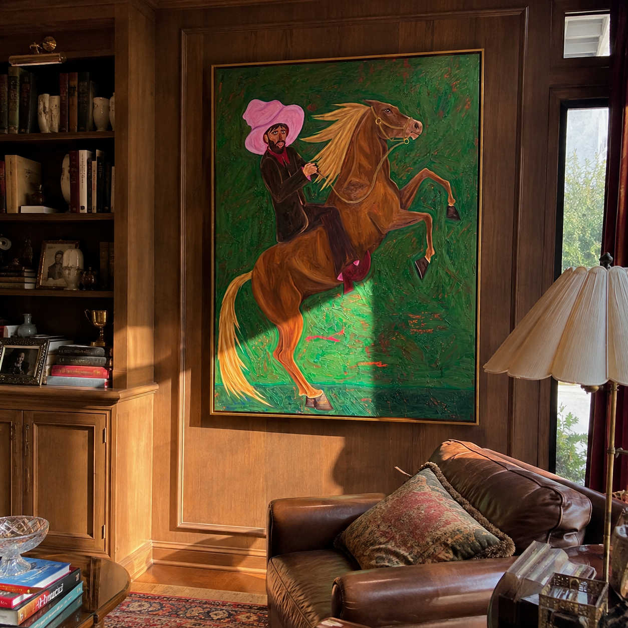 Pink Brim Raises Thunder – Pink Hat Rider and Rearing Horse painting by Isabelle Laurent, modern Western vertical wall art – styled room scene view 4