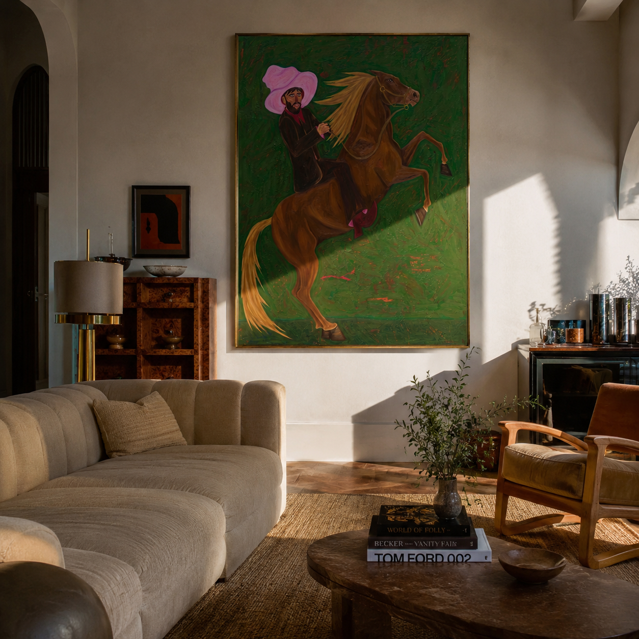 Pink Brim Raises Thunder – Pink Hat Rider and Rearing Horse painting by Isabelle Laurent, modern Western vertical wall art – styled room scene view 5