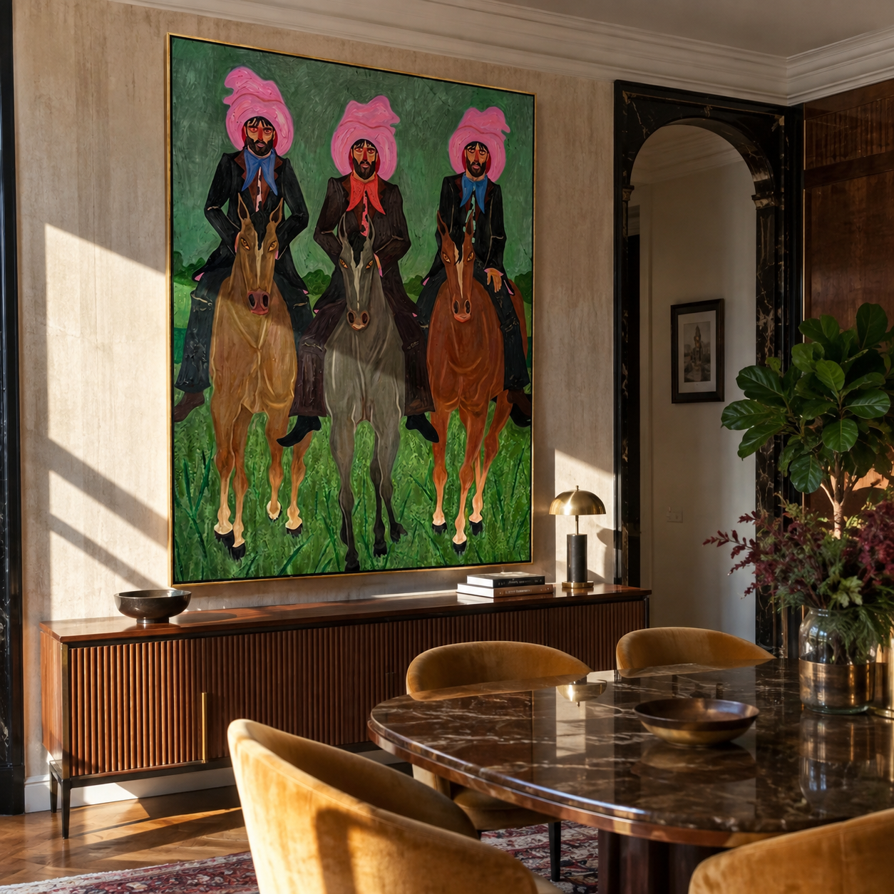 Three Riders Hold Formation – Pink Hat Three Rider Portrait painting by Isabelle Laurent, modern Western vertical wall art – styled room scene view 1