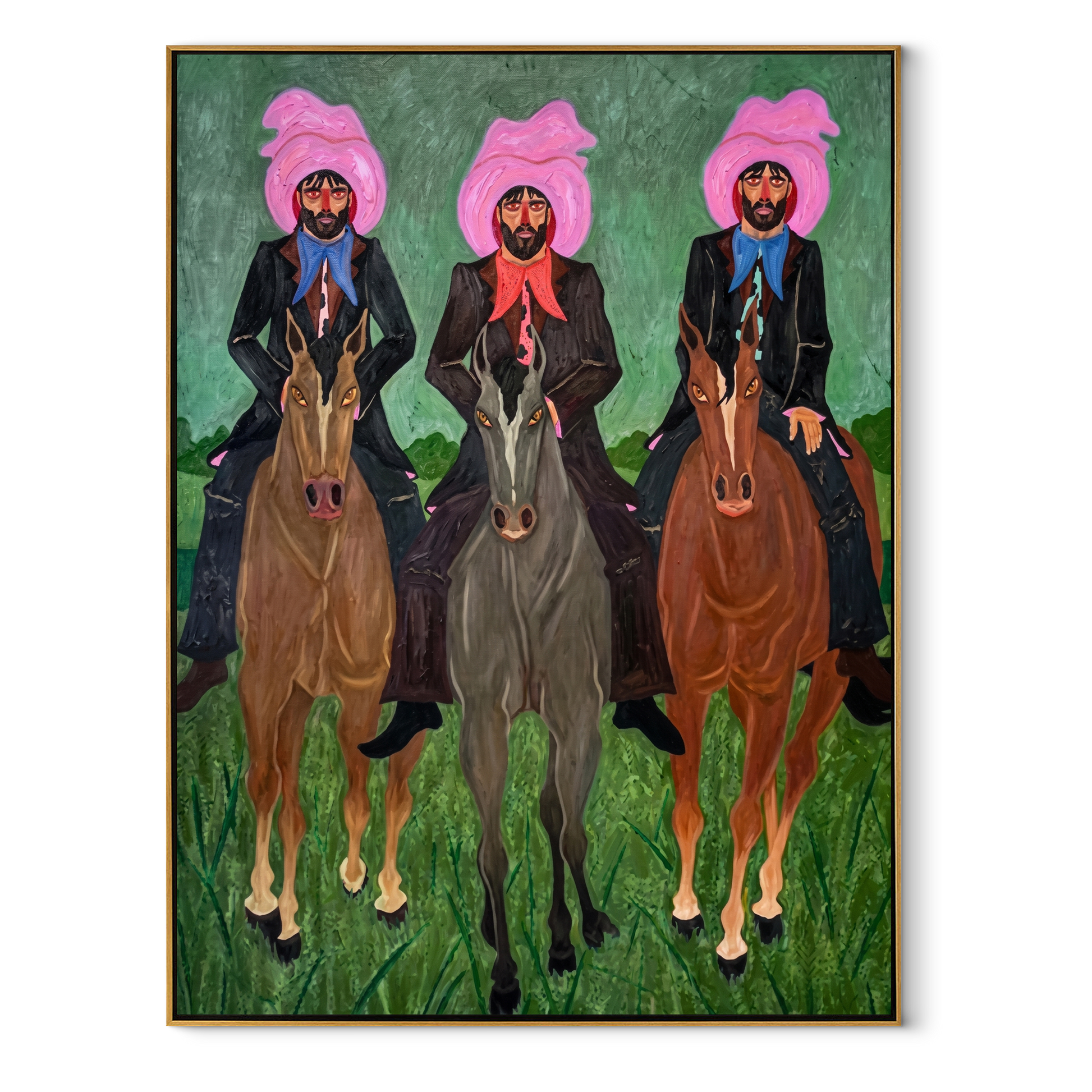 Three Riders Hold Formation – Pink Hat Three Rider Portrait painting by Isabelle Laurent, modern Western vertical wall art – wood frame on white background