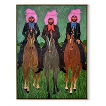 Three Riders Hold Formation – Pink Hat Three Rider Portrait painting by Isabelle Laurent, modern Western vertical wall art – wood frame on white background