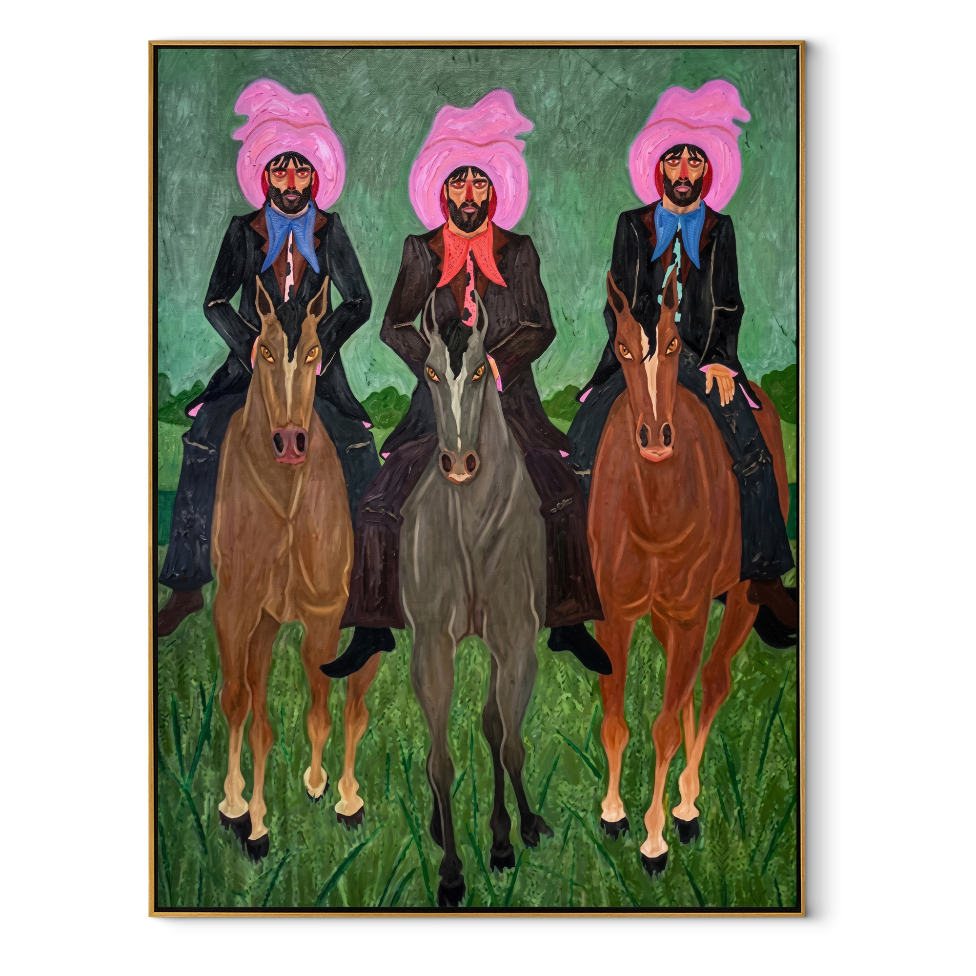Three Riders Hold Formation – Pink Hat Three Rider Portrait painting by Isabelle Laurent, modern Western vertical wall art – wood frame on white background