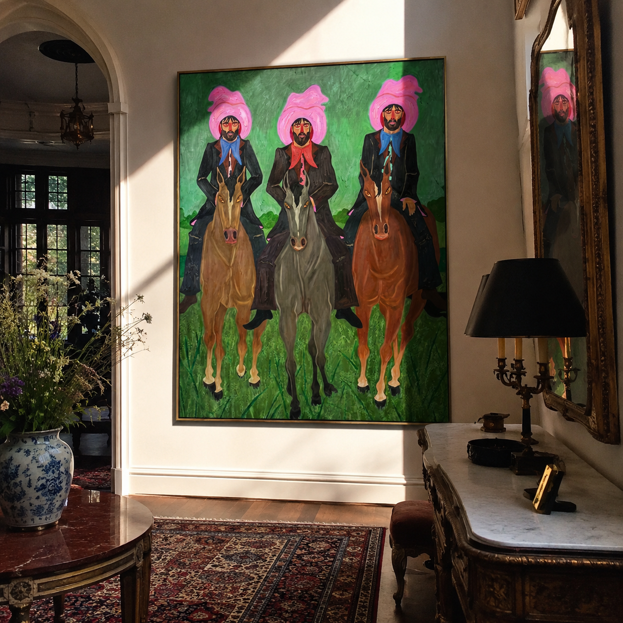 Three Riders Hold Formation – Pink Hat Three Rider Portrait painting by Isabelle Laurent, modern Western vertical wall art – styled room scene view 2