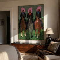 Three Riders Hold Formation – Pink Hat Three Rider Portrait painting by Isabelle Laurent, modern Western vertical wall art – styled room scene view 3