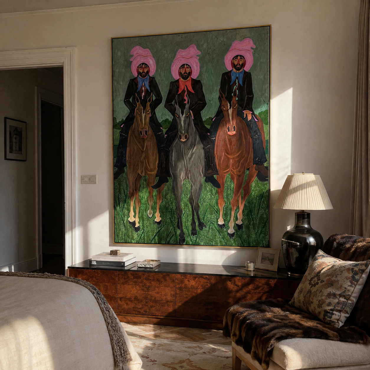 Three Riders Hold Formation – Pink Hat Three Rider Portrait painting by Isabelle Laurent, modern Western vertical wall art – styled room scene view 3