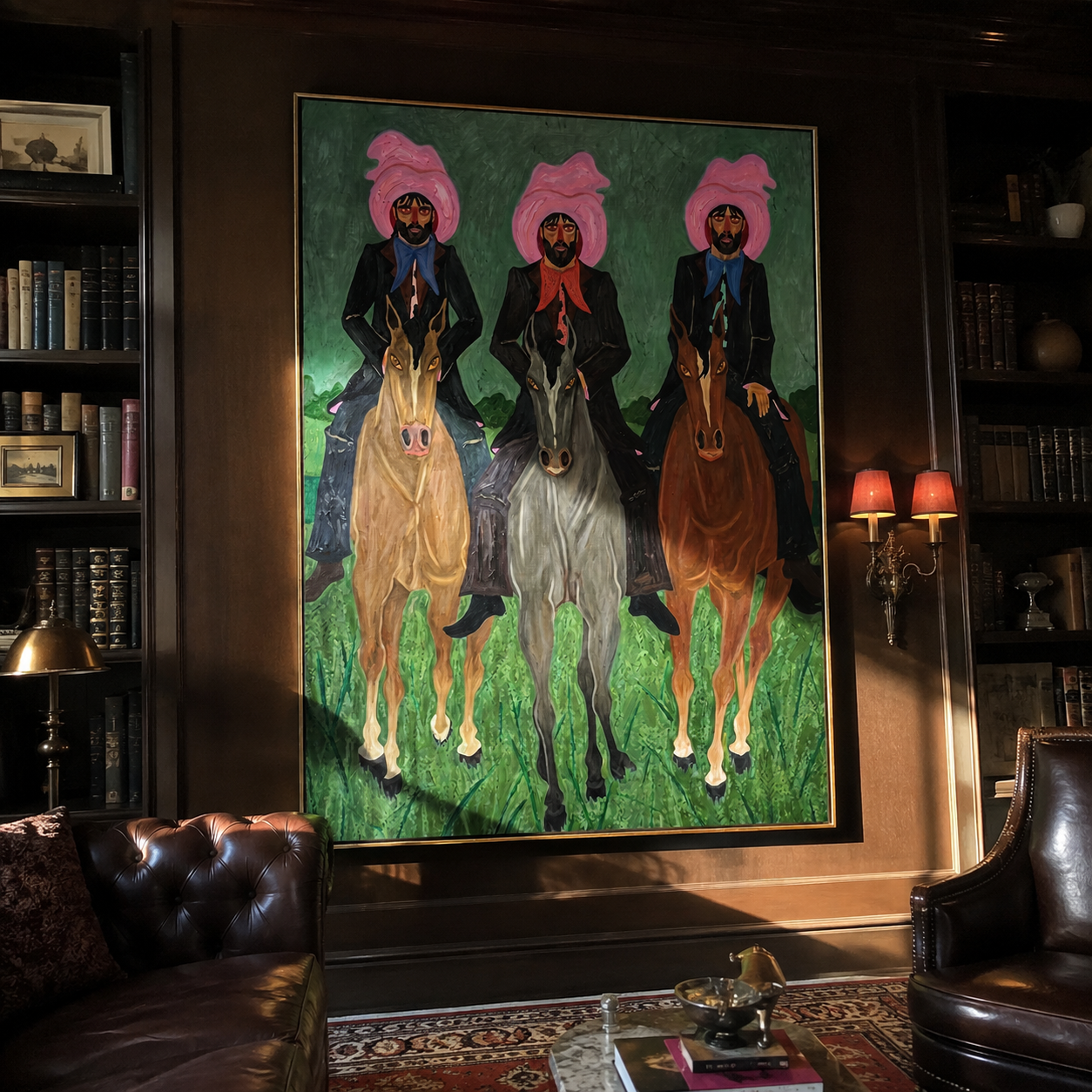 Three Riders Hold Formation – Pink Hat Three Rider Portrait painting by Isabelle Laurent, modern Western vertical wall art – styled room scene view 4