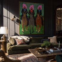 Three Riders Hold Formation – Pink Hat Three Rider Portrait painting by Isabelle Laurent, modern Western vertical wall art – styled room scene view 5