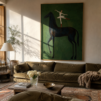 Ballet Crosses Midnight – Ballerina on Black Horse painting by Isabelle Laurent, modern Western vertical wall art – styled room scene view 1