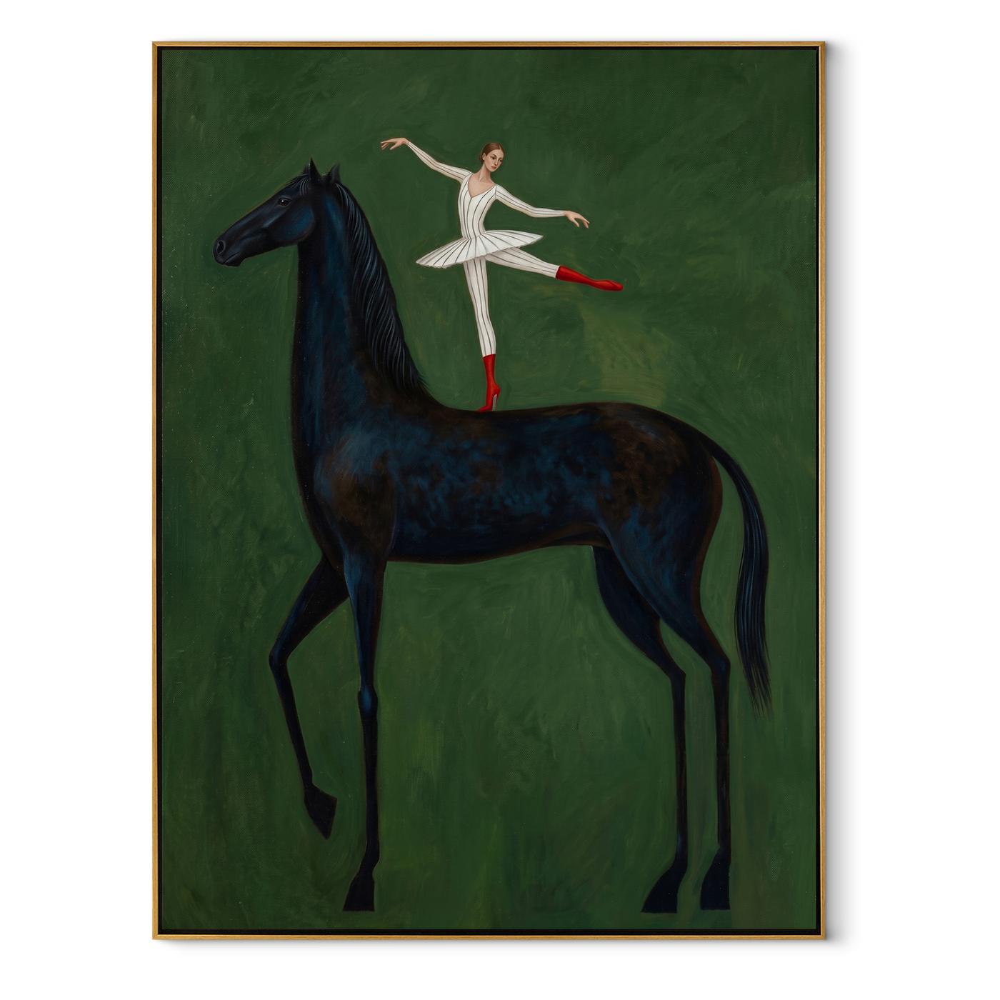 Ballet Crosses Midnight – Ballerina on Black Horse painting by Isabelle Laurent, modern Western vertical wall art – wood frame on white background