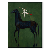 Ballet Crosses Midnight – Ballerina on Black Horse painting by Isabelle Laurent, modern Western vertical wall art – wood frame on white background