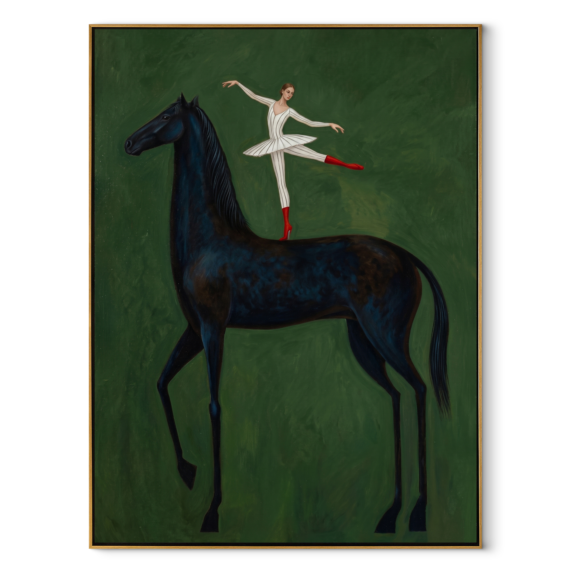 Ballet Crosses Midnight – Ballerina on Black Horse painting by Isabelle Laurent, modern Western vertical wall art – wood frame on white background