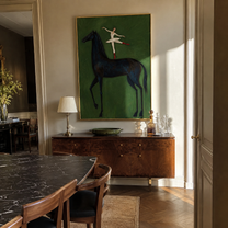 Ballet Crosses Midnight – Ballerina on Black Horse painting by Isabelle Laurent, modern Western vertical wall art – styled room scene view 2