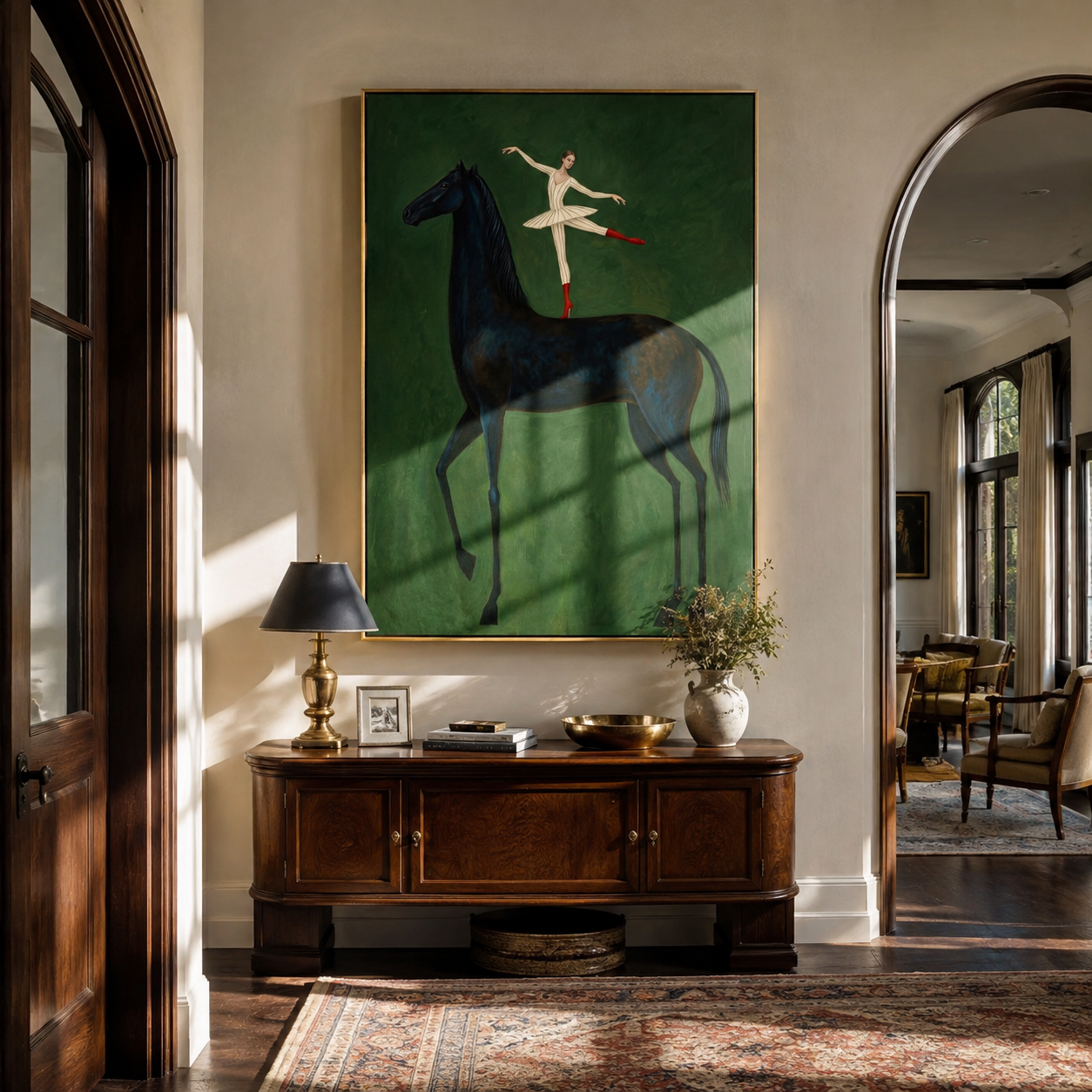 Ballet Crosses Midnight – Ballerina on Black Horse painting by Isabelle Laurent, modern Western vertical wall art – styled room scene view 3