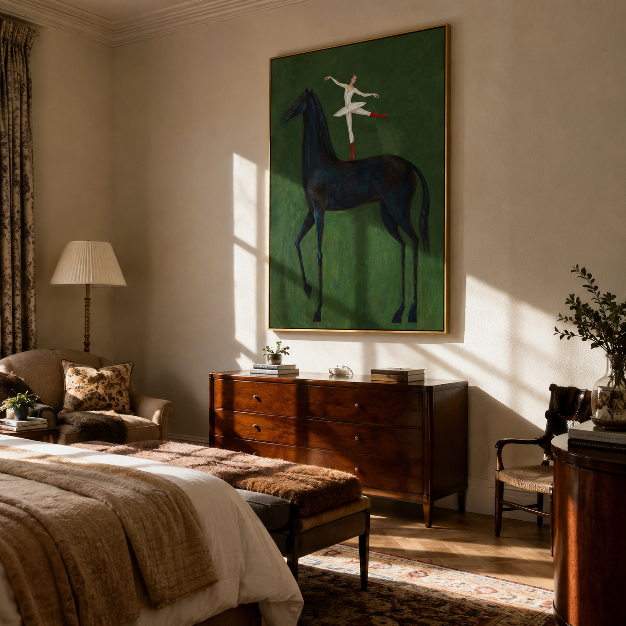 Ballet Crosses Midnight – Ballerina on Black Horse painting by Isabelle Laurent, modern Western vertical wall art – styled room scene view 4
