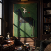Ballet Crosses Midnight – Ballerina on Black Horse painting by Isabelle Laurent, modern Western vertical wall art – styled room scene view 5