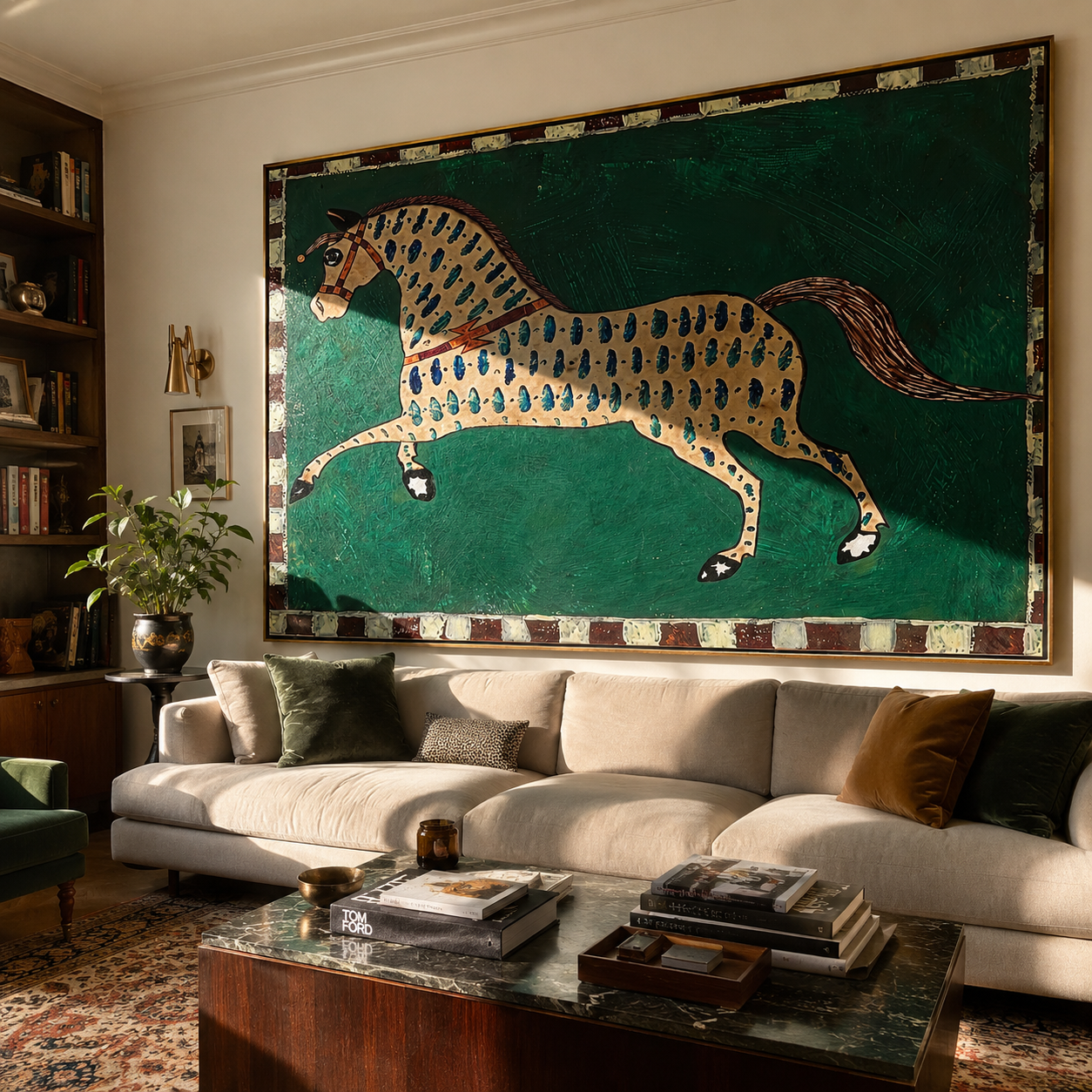 Emerald Spots Run Free – Patterned Gold Horse painting by Isabelle Laurent, modern Western horizontal wall art – styled room scene view 1