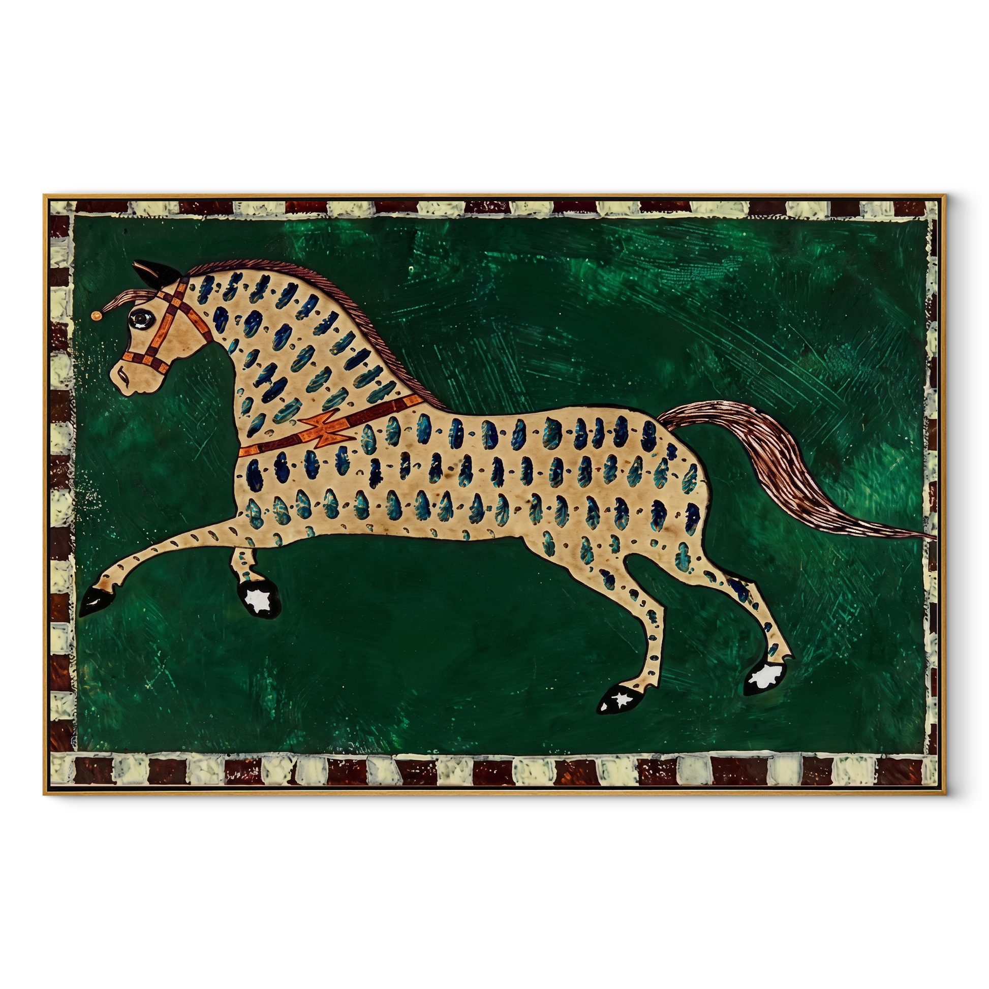 Emerald Spots Run Free – Patterned Gold Horse painting by Isabelle Laurent, modern Western horizontal wall art – wood frame on white background