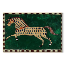 Emerald Spots Run Free – Patterned Gold Horse painting by Isabelle Laurent, modern Western horizontal wall art – wood frame on white background