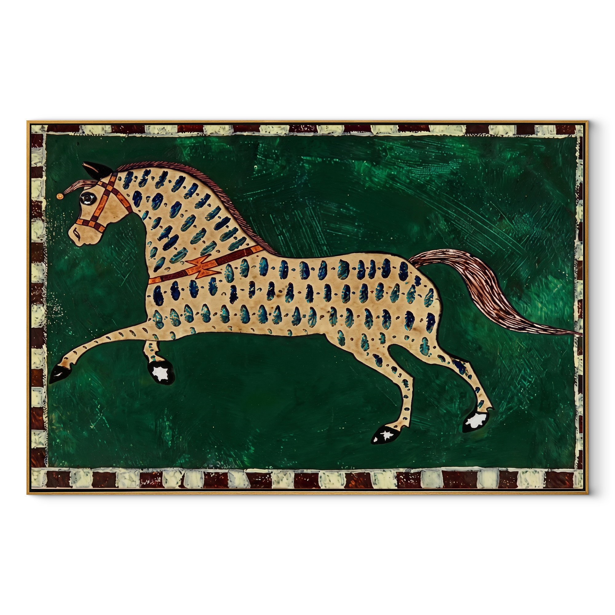 Emerald Spots Run Free – Patterned Gold Horse painting by Isabelle Laurent, modern Western horizontal wall art – wood frame on white background