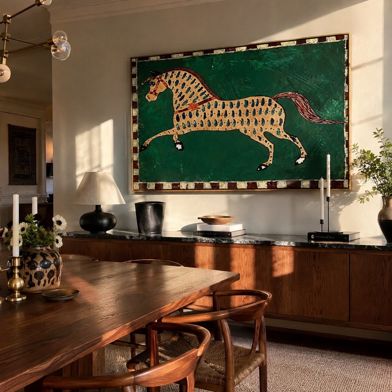 Emerald Spots Run Free – Patterned Gold Horse painting by Isabelle Laurent, modern Western horizontal wall art – styled room scene view 2