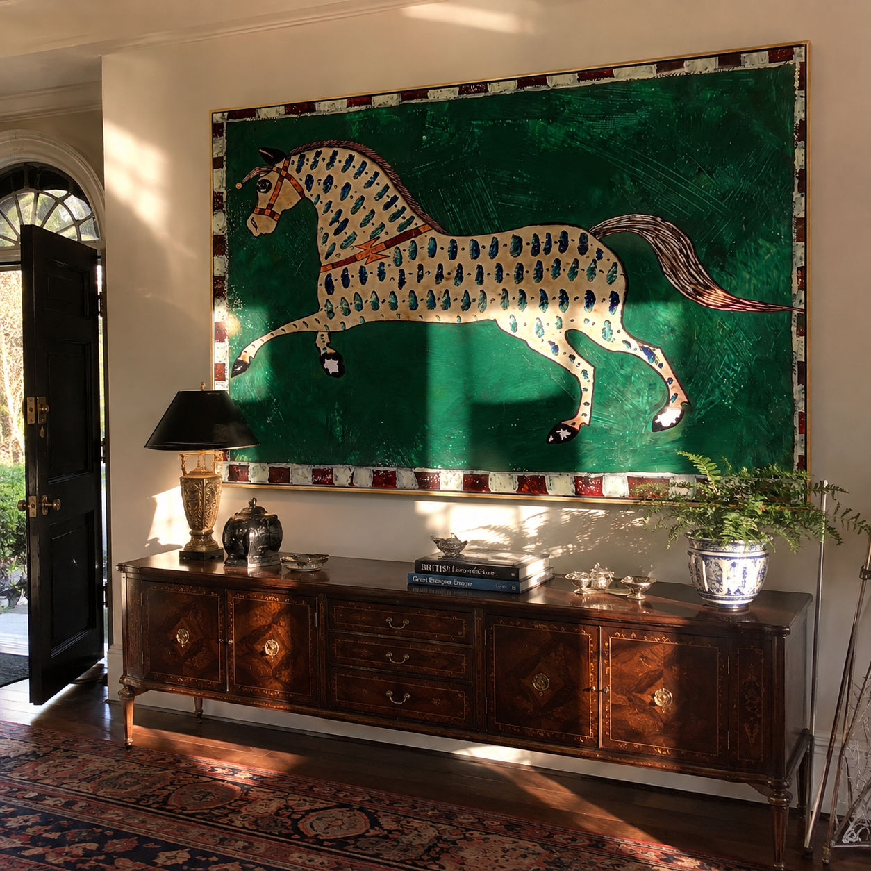 Emerald Spots Run Free – Patterned Gold Horse painting by Isabelle Laurent, modern Western horizontal wall art – styled room scene view 3