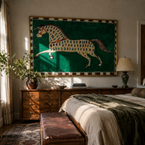 Emerald Spots Run Free – Patterned Gold Horse painting by Isabelle Laurent, modern Western horizontal wall art – styled room scene view 4