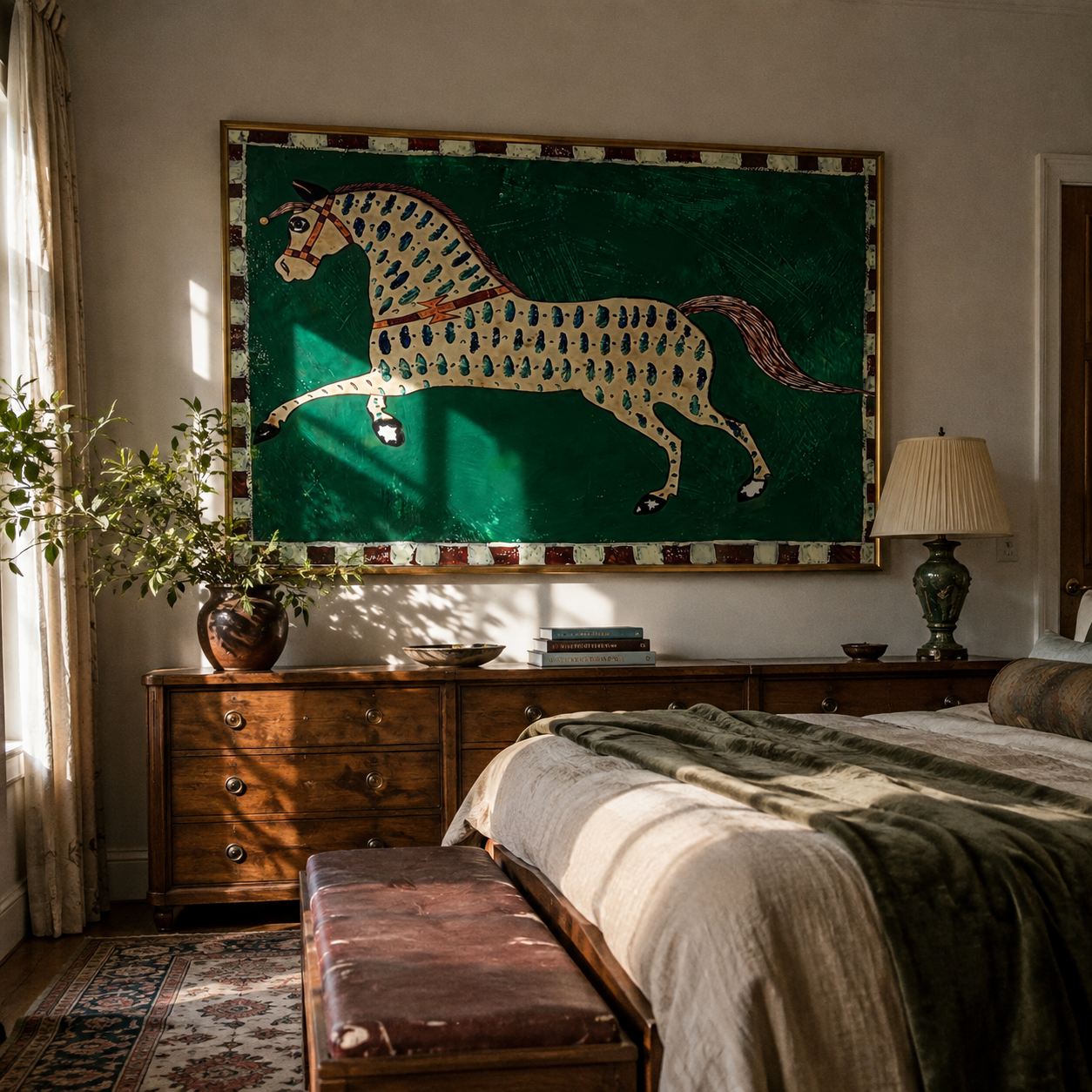 Emerald Spots Run Free – Patterned Gold Horse painting by Isabelle Laurent, modern Western horizontal wall art – styled room scene view 4