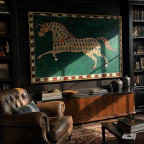 Emerald Spots Run Free – Patterned Gold Horse painting by Isabelle Laurent, modern Western horizontal wall art – styled room scene view 5