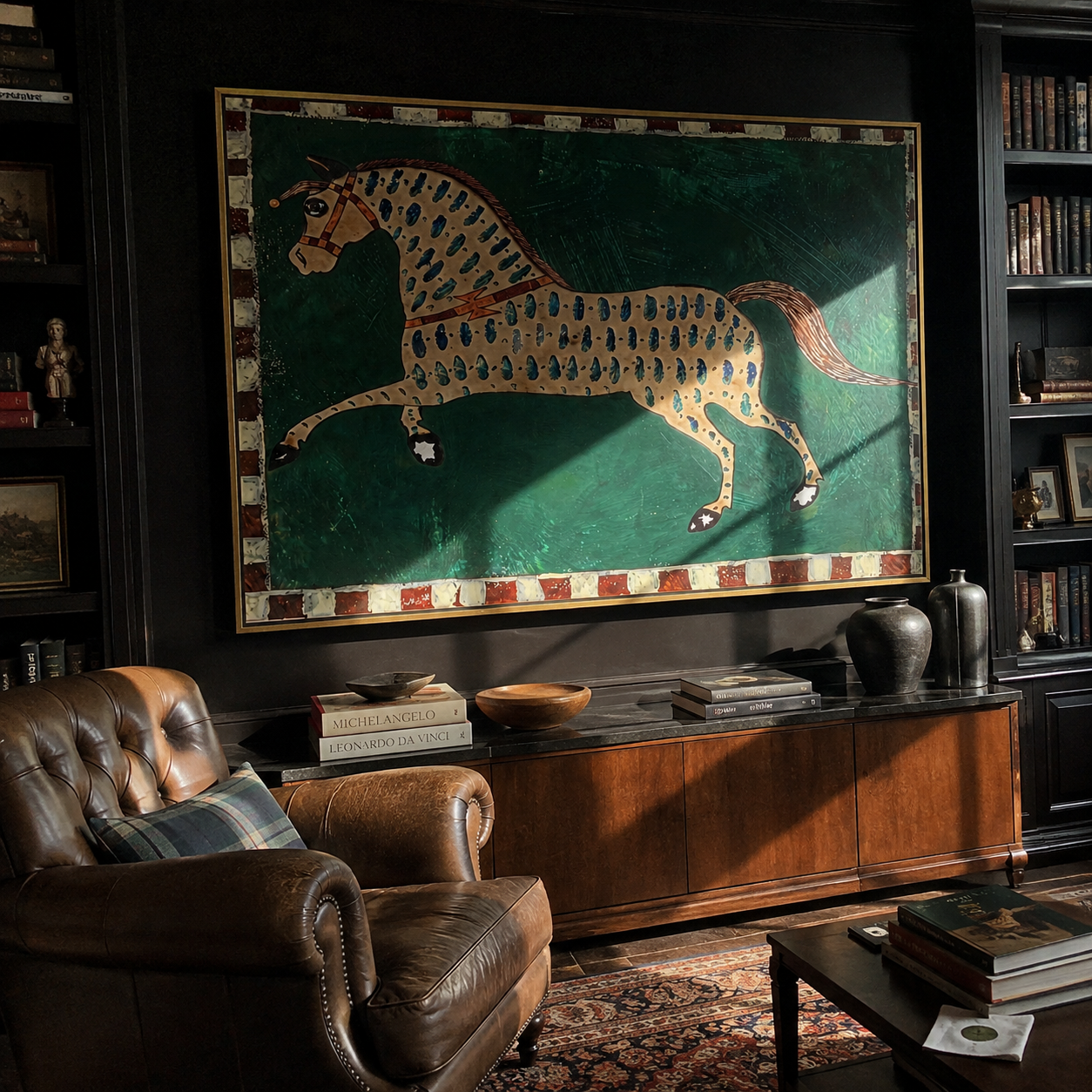 Emerald Spots Run Free – Patterned Gold Horse painting by Isabelle Laurent, modern Western horizontal wall art – styled room scene view 5