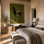 Long Legs Sit Olive – Red Boots on Black Horse painting by Isabelle Laurent, modern Western vertical wall art – styled room scene view 1