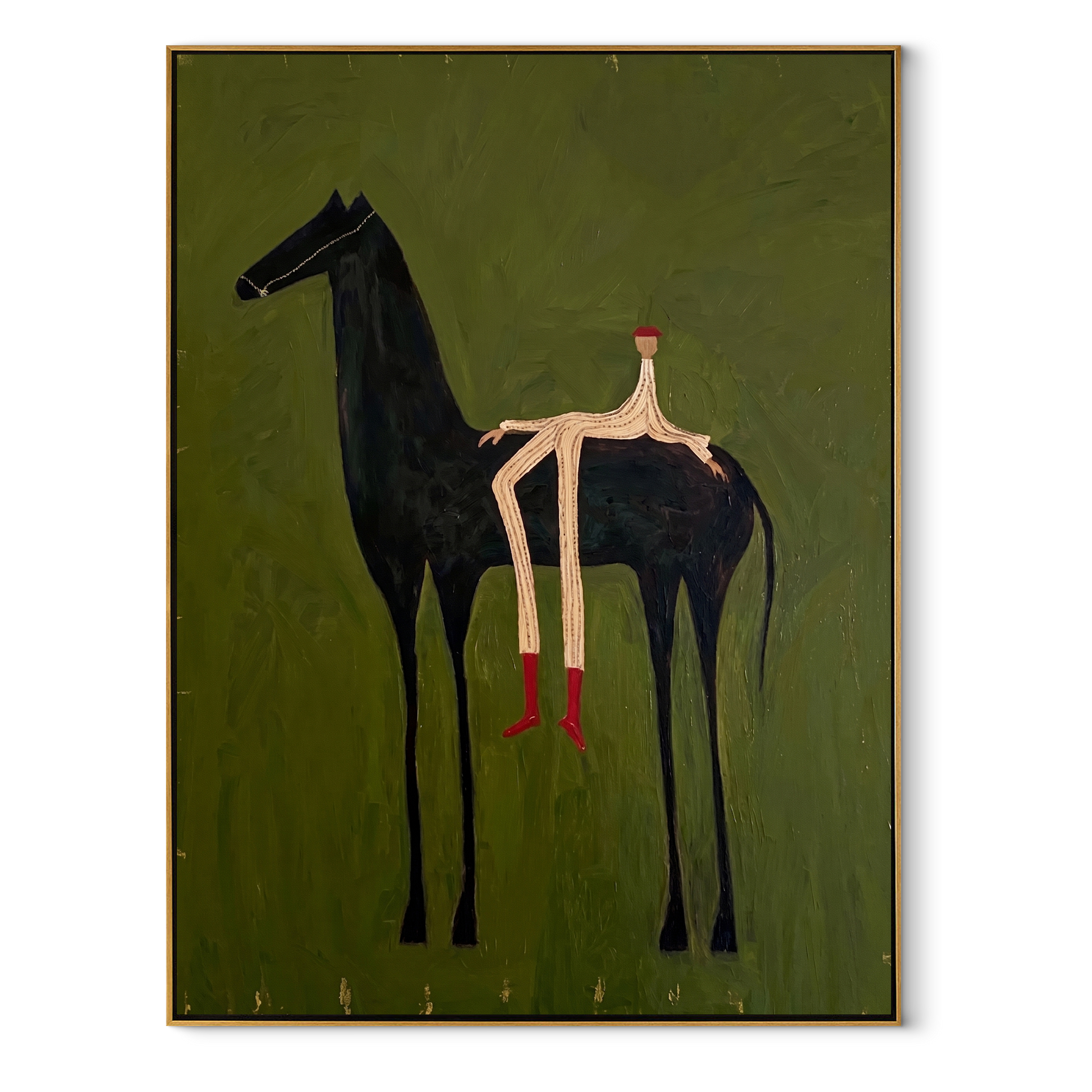 Long Legs Sit Olive – Red Boots on Black Horse painting by Isabelle Laurent, modern Western vertical wall art – wood frame on white background