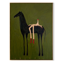 Long Legs Sit Olive – Red Boots on Black Horse painting by Isabelle Laurent, modern Western vertical wall art – wood frame on white background