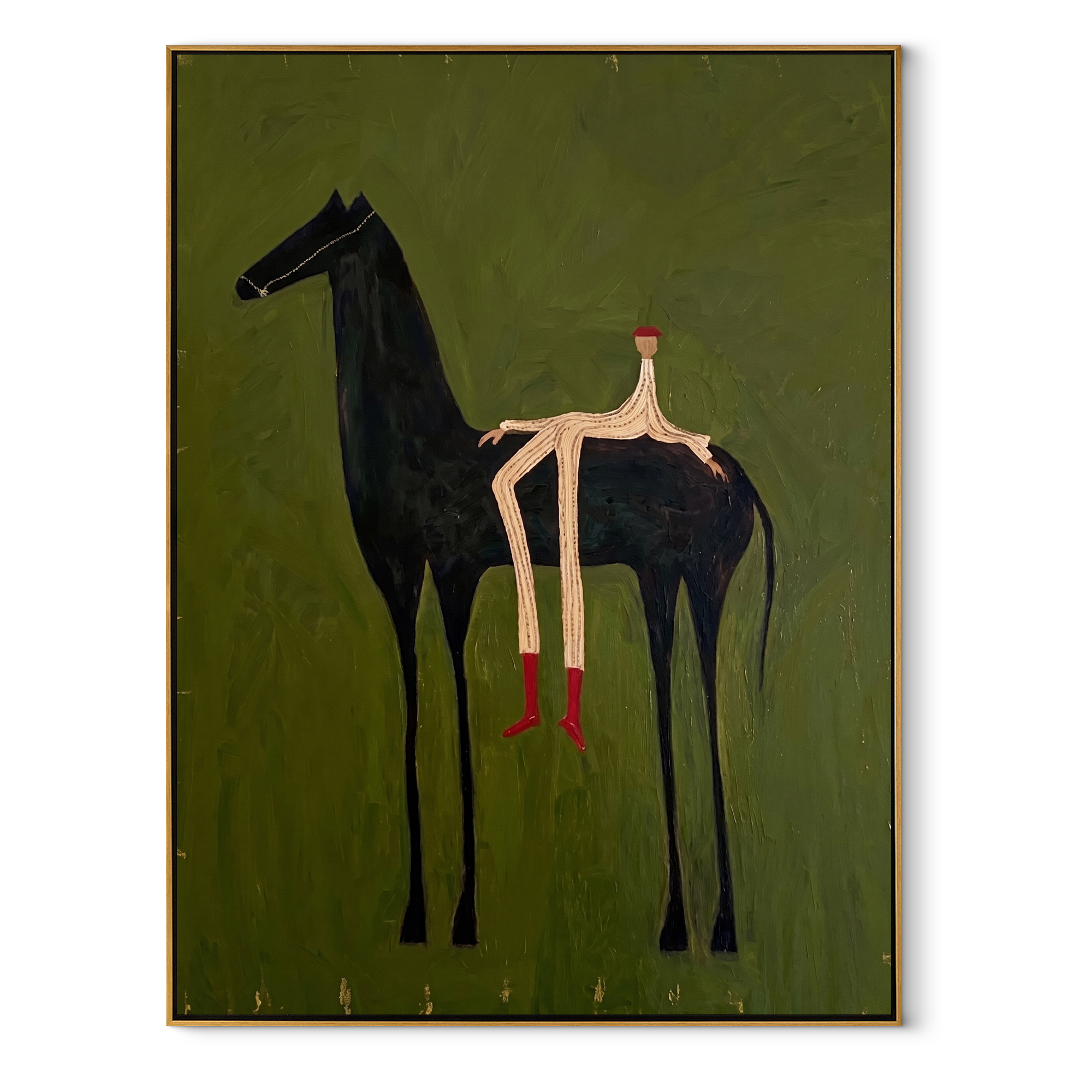 Long Legs Sit Olive – Red Boots on Black Horse painting by Isabelle Laurent, modern Western vertical wall art – wood frame on white background