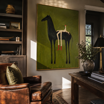 Long Legs Sit Olive – Red Boots on Black Horse painting by Isabelle Laurent, modern Western vertical wall art – styled room scene view 2