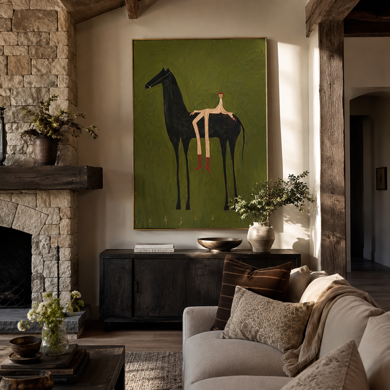Long Legs Sit Olive – Red Boots on Black Horse painting by Isabelle Laurent, modern Western vertical wall art – styled room scene view 3