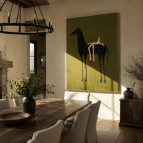 Long Legs Sit Olive – Red Boots on Black Horse painting by Isabelle Laurent, modern Western vertical wall art – styled room scene view 4