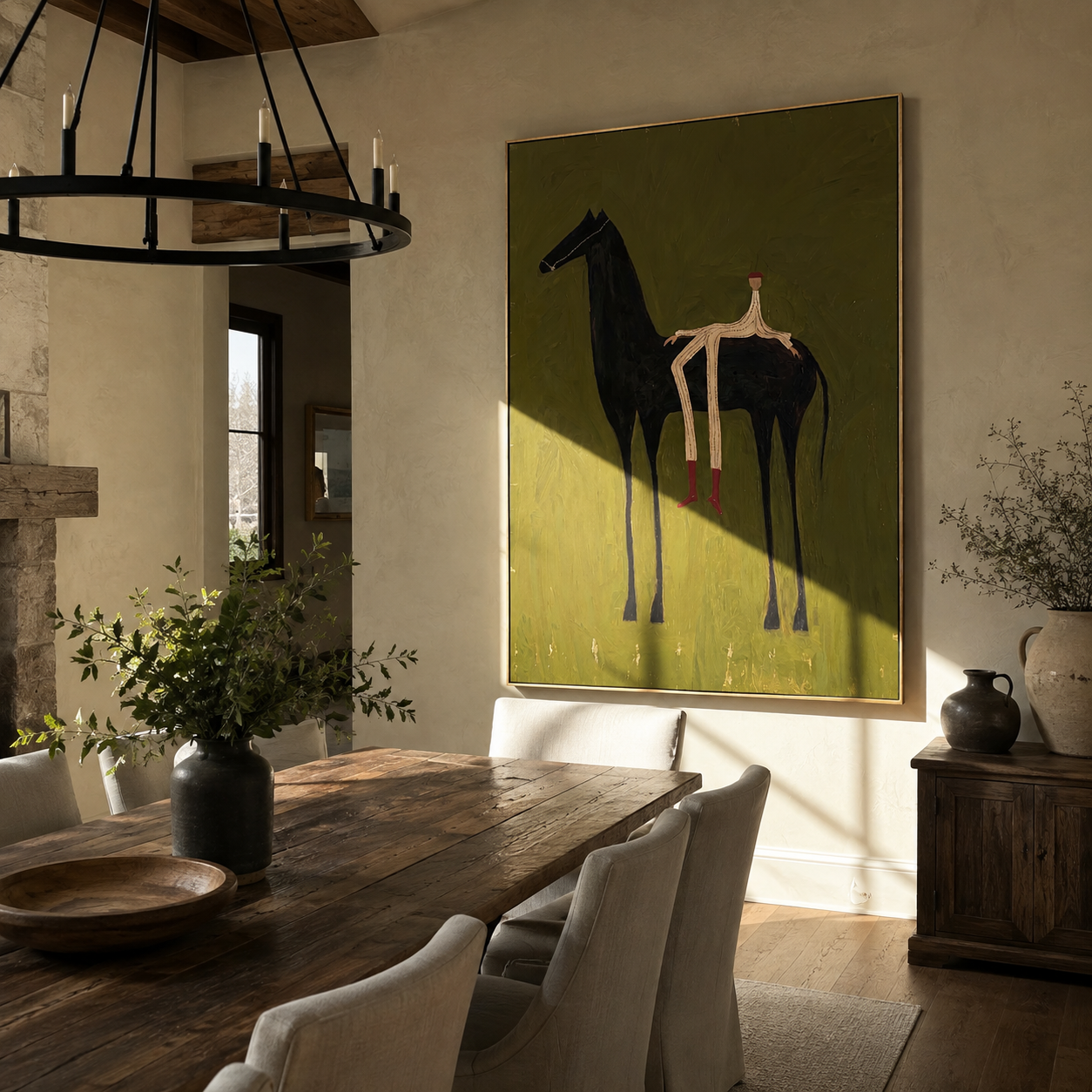 Long Legs Sit Olive – Red Boots on Black Horse painting by Isabelle Laurent, modern Western vertical wall art – styled room scene view 4