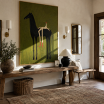 Long Legs Sit Olive – Red Boots on Black Horse painting by Isabelle Laurent, modern Western vertical wall art – styled room scene view 5